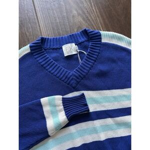 Edinburgh Knitwear Ashley V Neck Sweater Blue White Aqua Stripe Pima Cotton Med